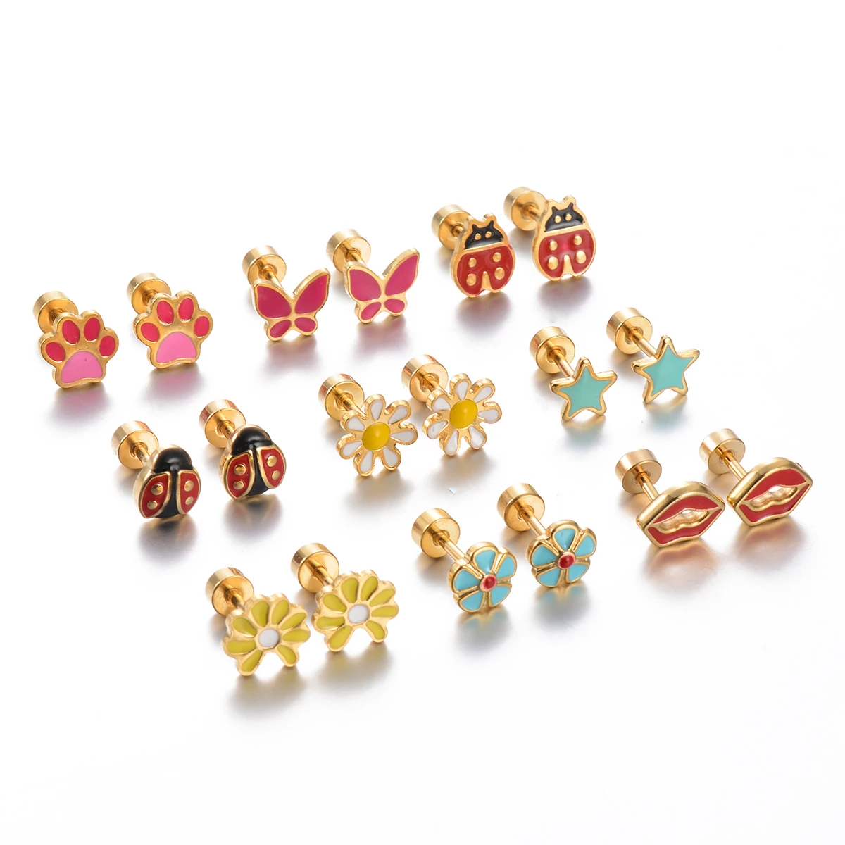 1Pair Stainless Steel Cute Ear Post Stud Earrings Enamel Daisy Ladybug Butterfly Paw Red Lip Star Earring Girl Jewelry 3
