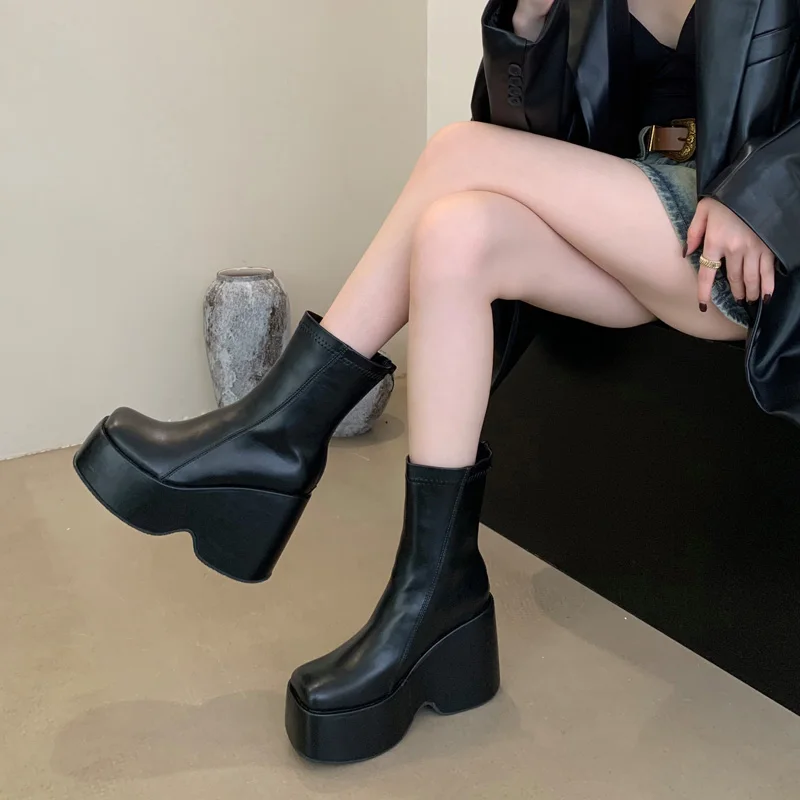 

Black Ankle Boots Punk Cosplay Wedges Shoes For Women Goth Platform Short Boots High Heels Autumn Motorcycle Boots Bota Feminino