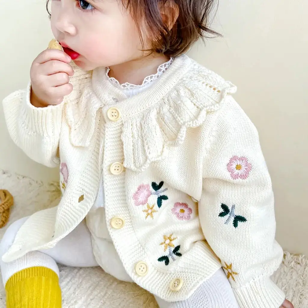 2023 여아 자수 니트 스웨터, 프릴 칼라 가디건, 가을 겨울 의류, 어린이 생일 재킷
