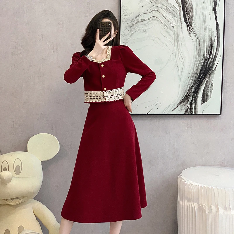French retro Hepburn style socialite temperament dress, half skirt, medium long sleeved long skirt, two-piece set for women