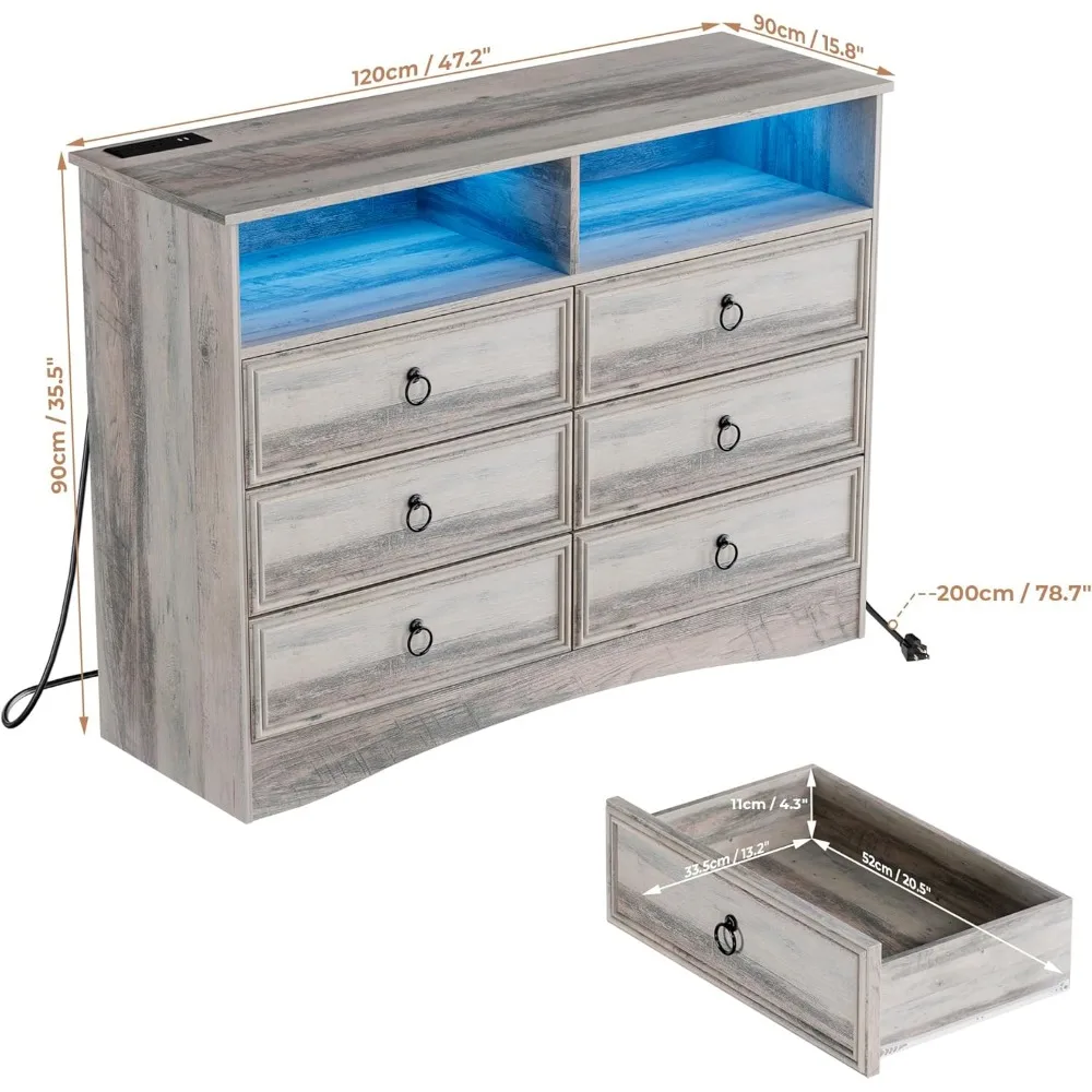 6 Drawer Dresser for Bedroom with LED Lights and Charging Station, Wood 6 Chest Drawers, Large Storage 3