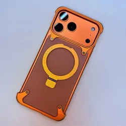 Sleek Frameless Aluminum Alloy Magnetic Ring Stand Shockproof Case with Kickstand - iPhone 17 Pro (Orange)