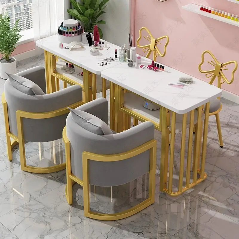 NordicImitation Marble Board Net Celebrity Marble Pattern Nail Table Chair Set Wrought Iron Single Double Triple Manicure Table