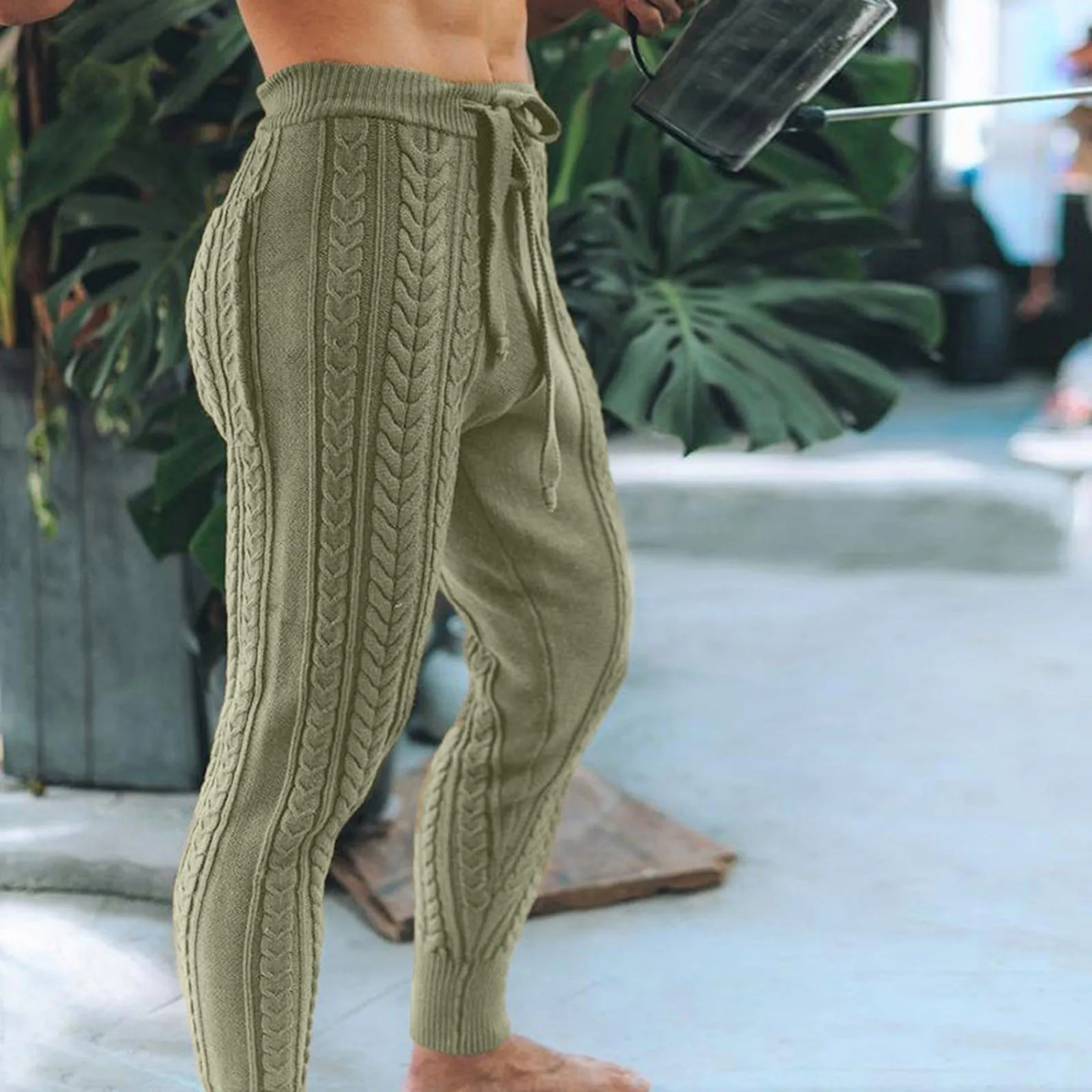 Men Pants Knitted Slim Ankle-Length Drawstring Solid Color