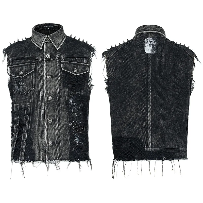 PUNK RAVE Men's Punk Daily Wear Decadent Broken Vest Distressed Turn Collar Casual Denim Waistcoat Streetwear 5