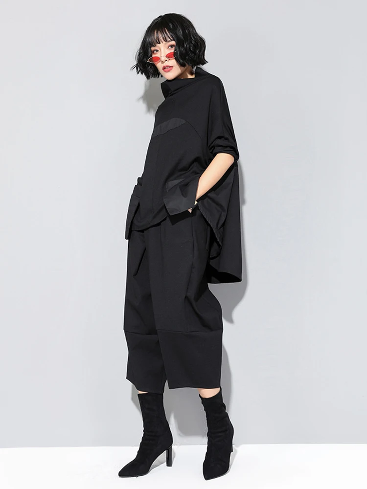 [EAM] High Elastic Waist Black Brief Pocket Wide Leg Calf-Length Pants New Trousers Women Fashion Spring Autumn 2026 1DJ1789