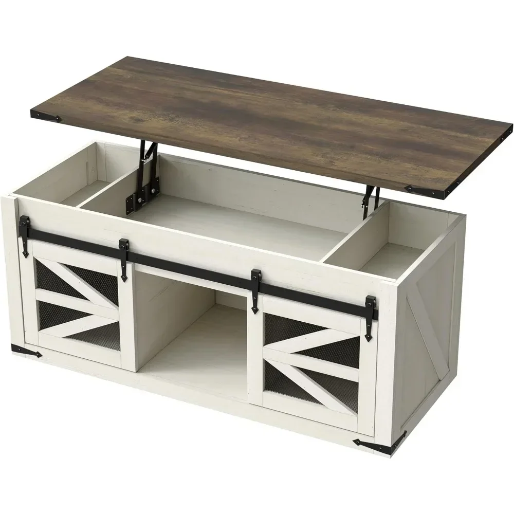 47.3'' White Farmhouse Center Table with Sliding Ironmesh Doors, Rustic Brown Top Rectangular Coffee Table for Living Room 2