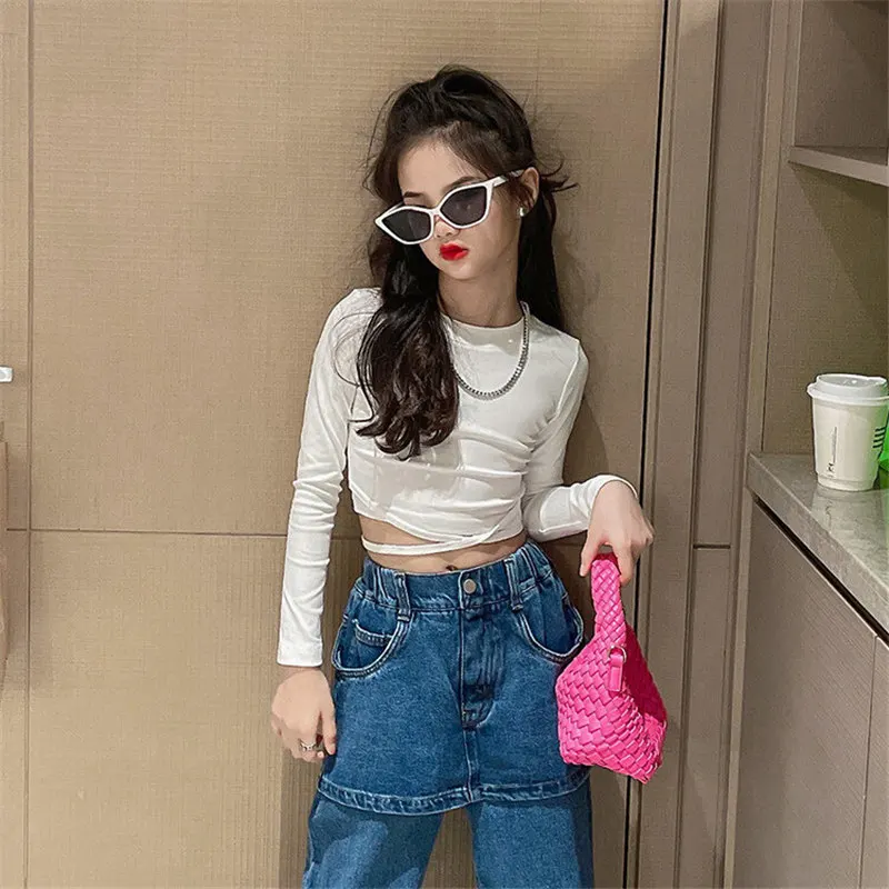 Spring Autumn Girls T Shirt Top with Straps Cross Teenage Tee Shirt Toddler Children Clothes Fashion Kids Crop Top 5-14Years Old 5