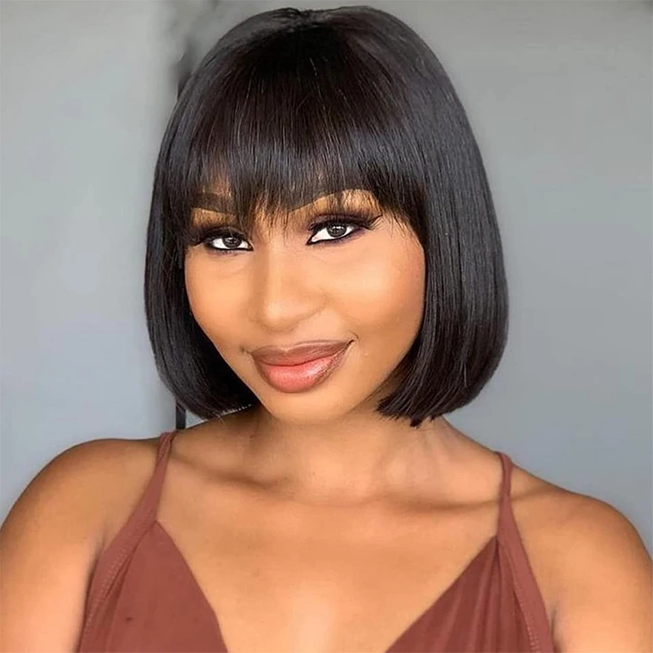 

Bob Human Hair Wigs with Fringe Short Straight Malaysian Hair Remy 180% Density Glueless Machine Made Wig with Bangs Black Color