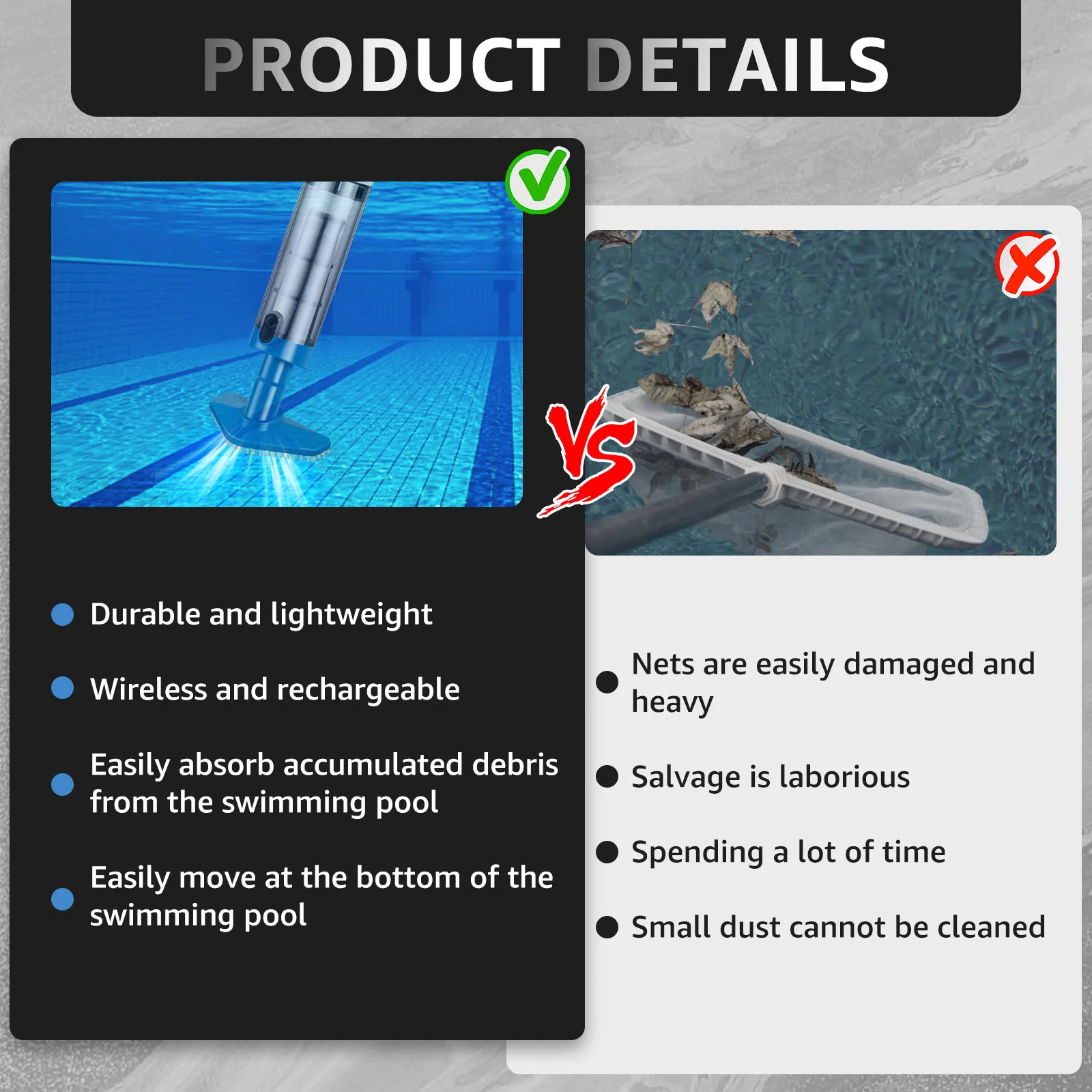 Pool Vacuum Cleaner Rechargeable Portable for Pool Fish Tank Swimming Spas Hot Tubs
