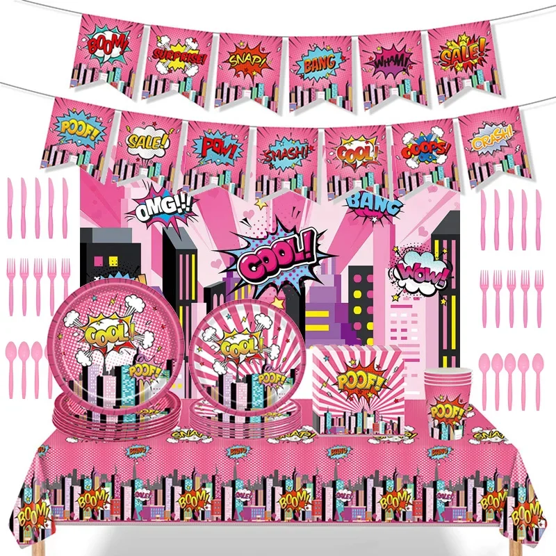 

Superhero Girl Pink Comic Book Hero Cutlery Set Baby Shower Cup Paper Plate Napkin Tablecloth Birthday Decorations