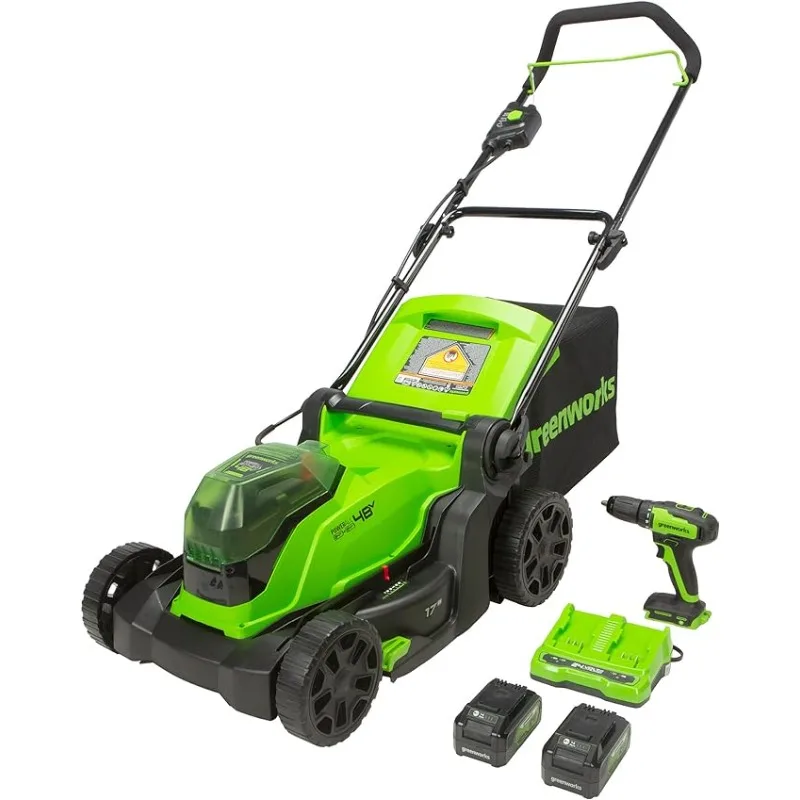

Беспроводная газонокосилка Greenworks, бесщеточная газонокосилка 48 В (2x24 В) 17 дюймов с дрелью/драйвером 24 В, (2), 4,0 Ач, USB