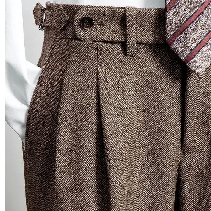 Men's Autumn Winter High Waist Wool Trousers Male Tweed Casual Pockets Pants Men Long Straight Suit Pants suit pants men pants