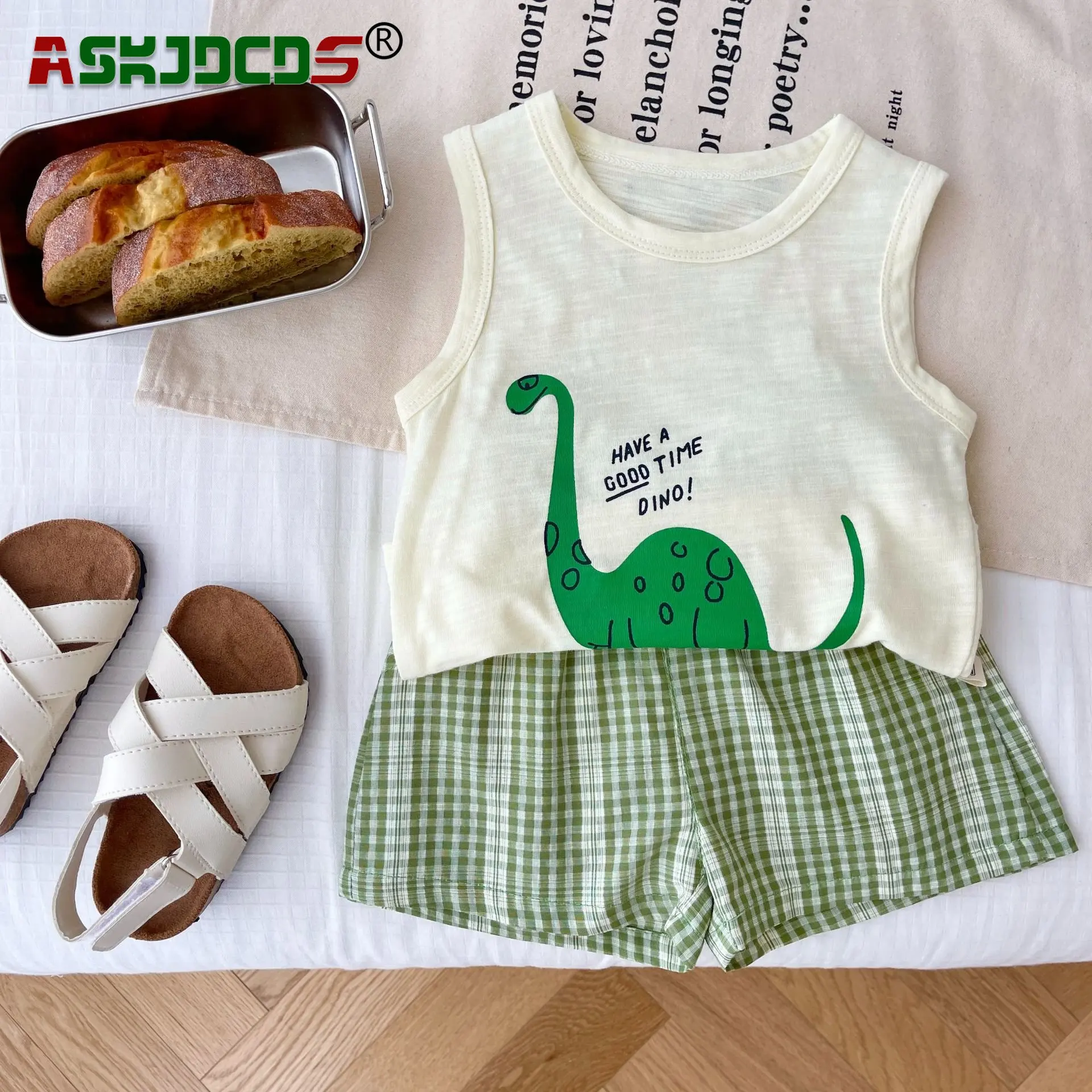 

2023 NEW In Children Plaid Dinosaur Print Set: 2-Piece Cartoon Vest + Shorts for Kids Baby Boys Toddler Cotton Clothes 0-5Y