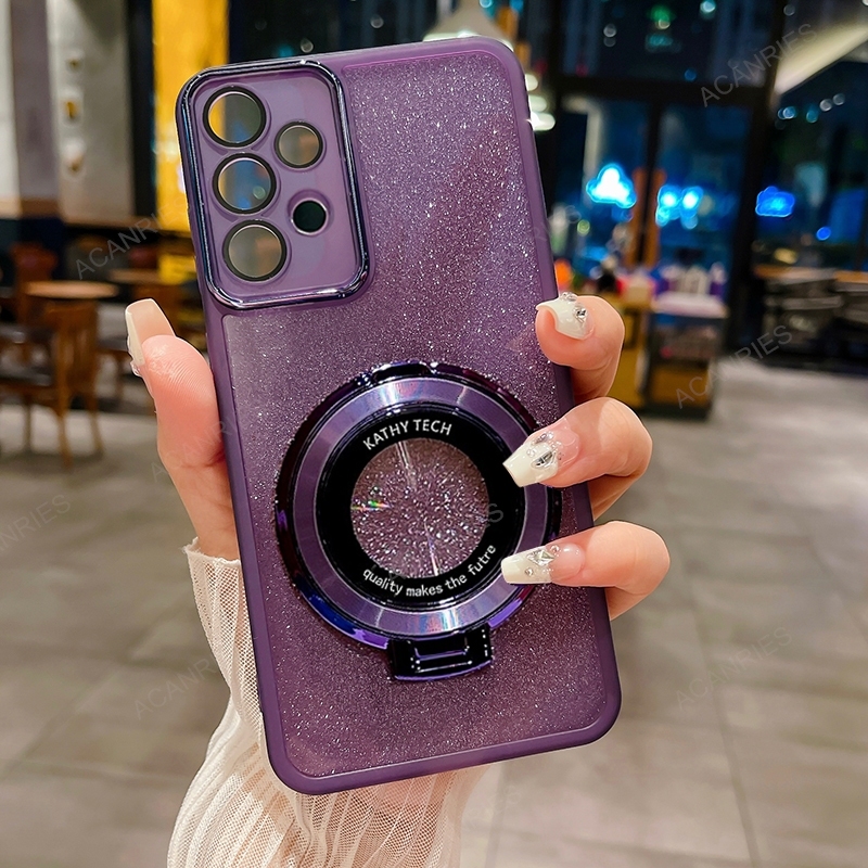 For Samsung Galaxy A13 A23 A72 A32 4G A73 A53 A52 A33 A52s 5G Glitter Clear Silicone Case A 13 23 53 Circle Magnetic Stand Cover