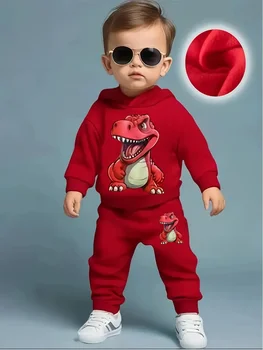 Spring Autumn Baby Boy Dinosaur Print Fleece Hoodie And Pants Two-Piece Casual Set Long Sleeve Thermal Outfit for Toddlers 1