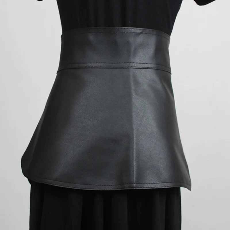 EAM Retro Ruffles Irregular Black Pu Leather Wide Belt Personality Women New Fashion All-match Spring Autumn 2026 1DD4844