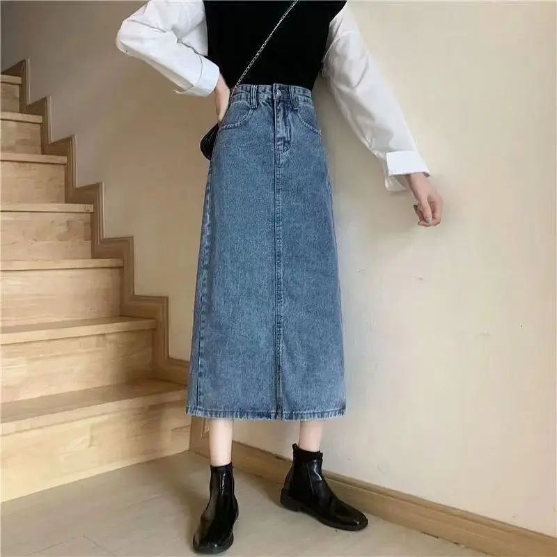 High Waist A-Line  Midi Denim Skirt Women's Design Sensation Small ence Hip Concealment Slit Skirts