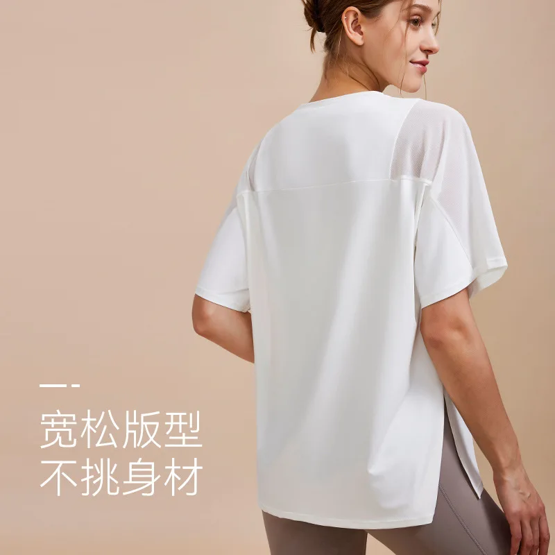 Breathable Loose Yoga Shorts T-shirts Women Gym Fitness Mesh Splicing Round Collar Tops Running Workout Quick Dry Shirts