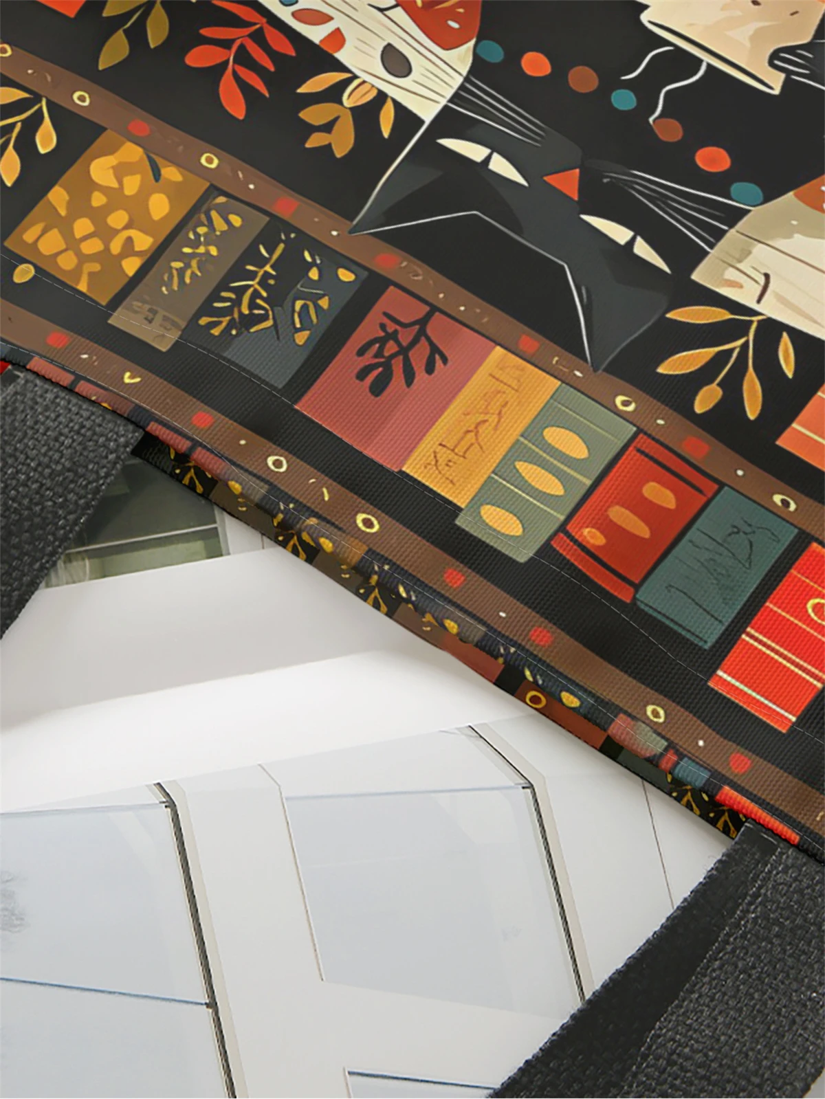 1pc,coffee cat handbag, reusable fashionable handbag, multifunctional handbag, printed canvas shopping bag