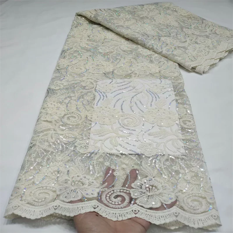 

Африканская кружевная ткань, 5 ярдов, бежевая Высококачественная Роскошная блестящая сетчатая вышивка, нигерийское свадебное платье, ткань