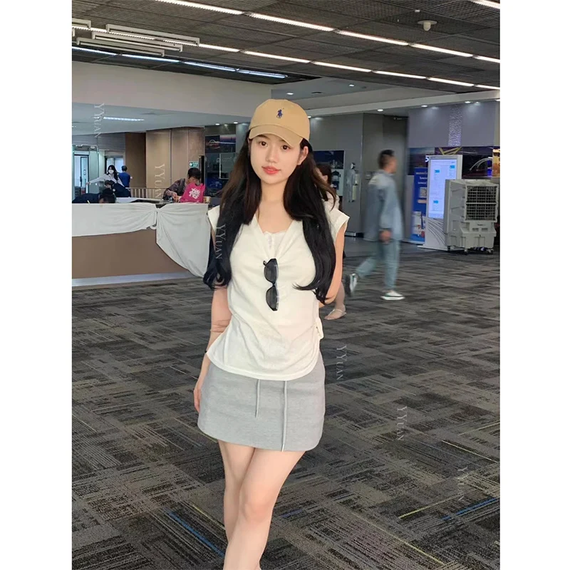 임산부 여름 얇은 반팔 V넥 슬림핏 모달 티셔츠와 스커트 투피스 세트 스몰 사이즈 한국 스타일 퓨어 컬러