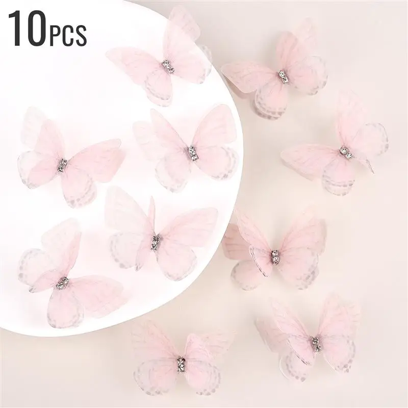Set of 10 Elegant 5cm Double Sweet Butterfly 3D Mesh Appliqué Patches for Nail Art, Hair Accessories, and Wedding Décor