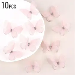 Set of 10 Elegant 5cm Double Sweet Butterfly 3D Mesh Appliqué Patches for Nail Art, Hair Accessories, and Wedding Décor (Light pink - 10pcs)