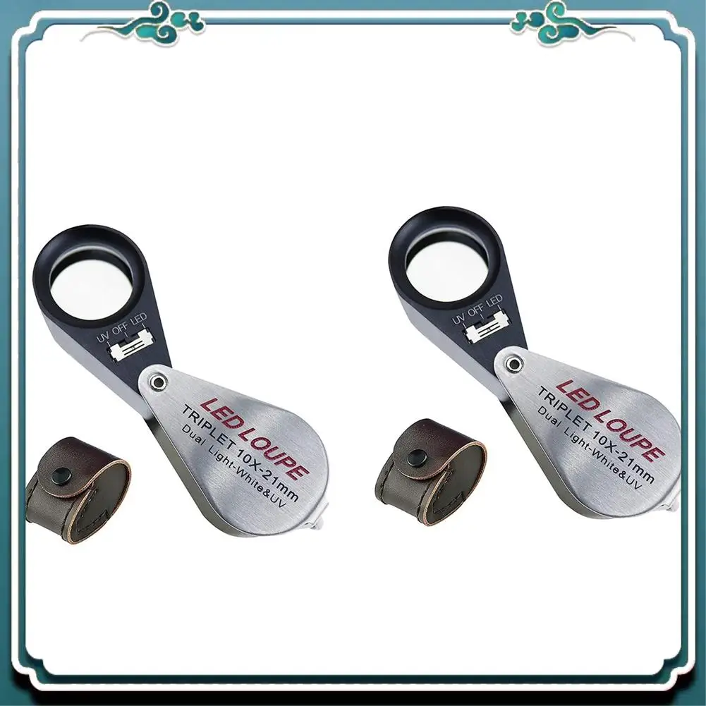 보석, 보석류, 동전, 우표용 ABSK-2개 10배 확대 보석상 루페 삼중 렌즈 돋보기(6개 LED UV 라이트 포함, 21mm)