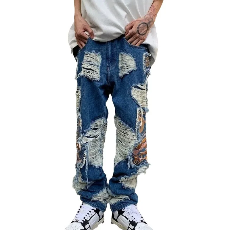 OIMG Y2K Streetwear Baggy Ripped Stacked Jeans Pants Men Straight Kanye Old Hip Hop Denim Trousers