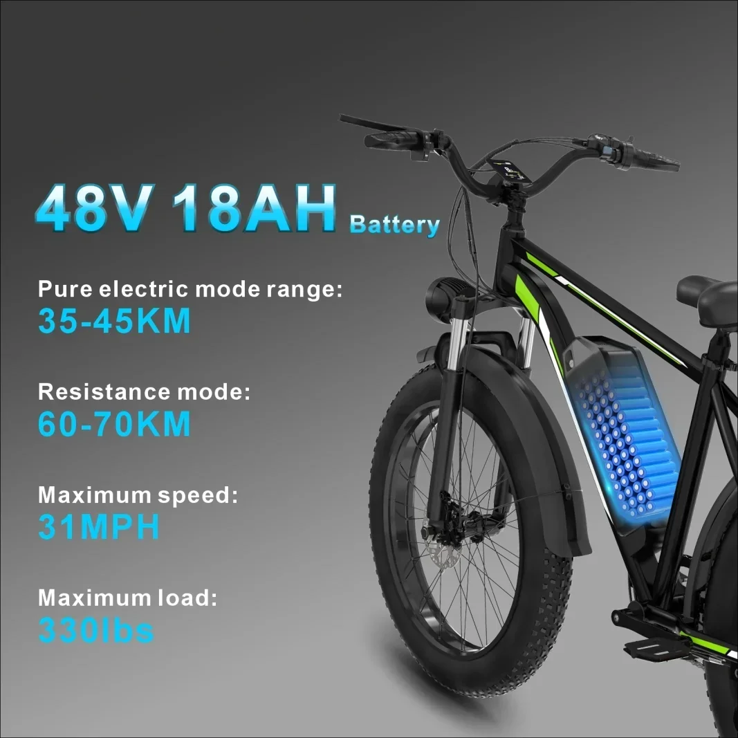 Electric Bicycle F26 26-inch Fat Tire Electric Bicycle 48V 1000W Motor 15AH Battery Rear Seat Cargo Truck