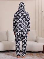 2024 New Halloween Party Mom Dad Kids Matching Outfits Skull Print Zipper Hooded Romper Jumpsuits Soft Sleepwear Family Look Pjs 6