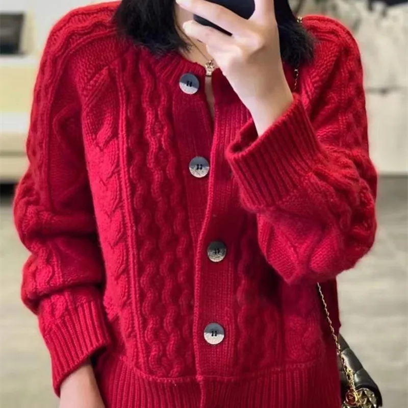 Fall Winter New Style 100% Pure Wool Sweater Cashmere Cardigan Women Loose Lazy O-Neck Twist Cardigans Thick Warm Knitted Jacket 4