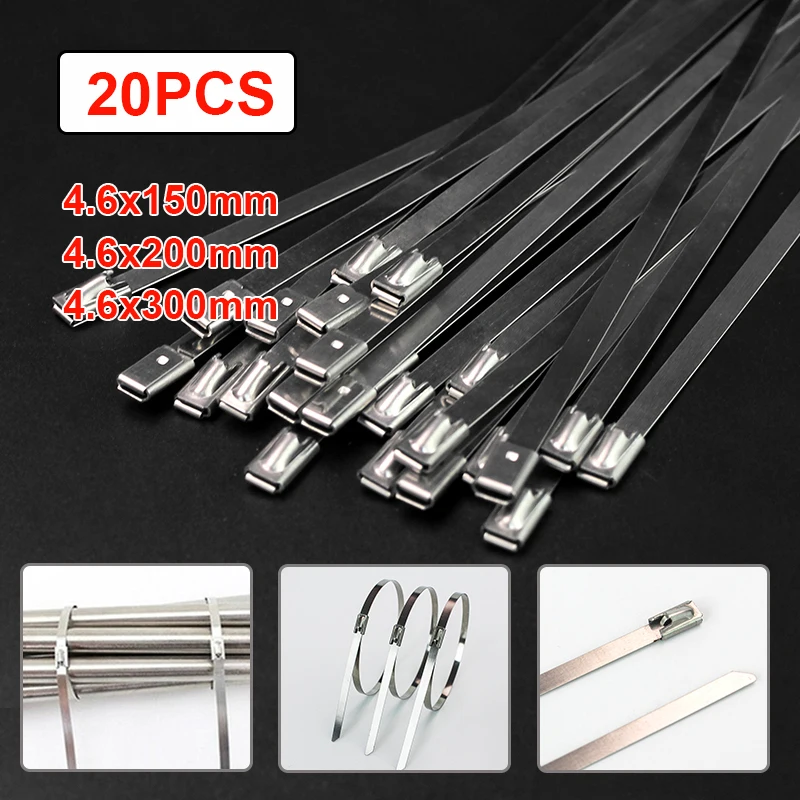 

20pcs 304 Stainless Steel Cable Ties Exhaust Wrap Self-Locking Cable Zip Tie Multi-Purpose Metal Locking Ties Cable Tidy
