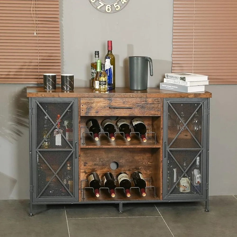 

Wine Locker Industrial Sideboard Buffet Cabinet With Drawer and Mesh Door Farmhouse Coffee Bar Cabinet for Liquor and Glasses