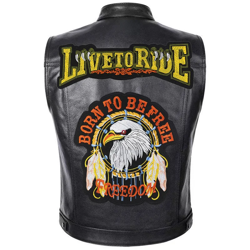 Men's European and American Locomotive Eagle Embroidery Pattern Leather Vest Button PU Leather Clothes Motorcycle Vest