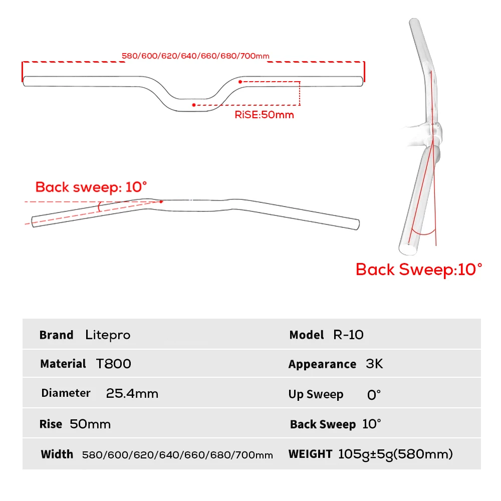 Bicycle Handlebar Litepro Folding Unisex Rise M Handle 25.4mm 3K Carbon