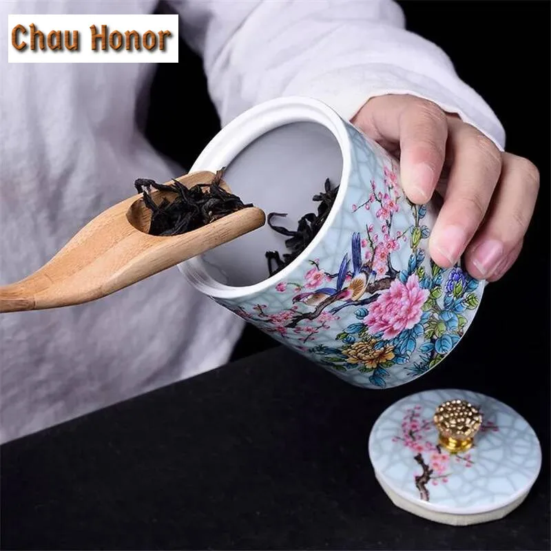 Art Bird Porcelain Tea Caddy Flower Bird Tea Box Handmade Crackle Glaze Lotus Button China Ceramic Sealing Storage Container