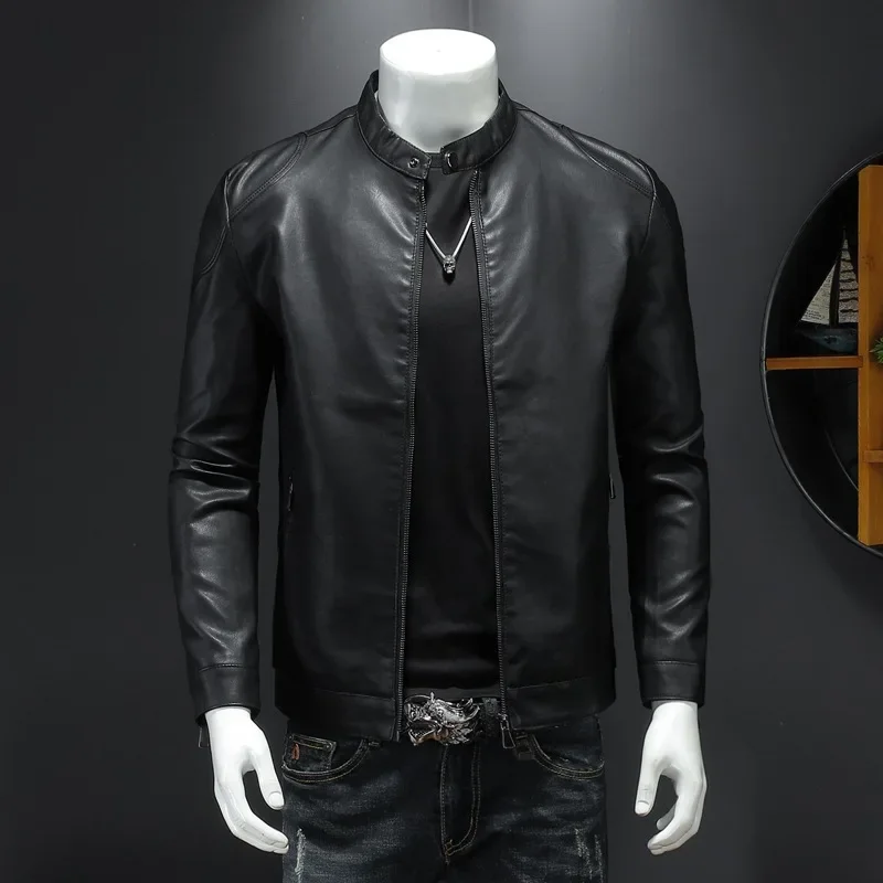 

2023 New Autumn Casual Men's Leather Jacket, Korean Version, Ruffled Leather Jacket, Trendy Airplane Stand Collar Car Jacket