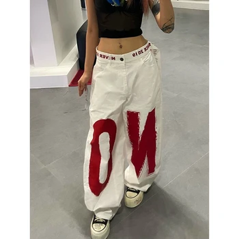 ZHIZOU-pantalones vaqueros holgados Y2k con estampado de letras blancas para mujer, pantalón vaquero estilo…
