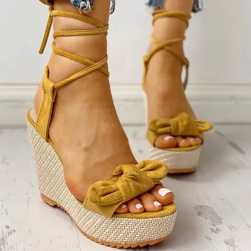 Summer Fashion Bow Sandals Women Wedges Platform Fish Mouth Shoes Female Cross Lace Up Ladies Elegant Slippers Clog Black Pink