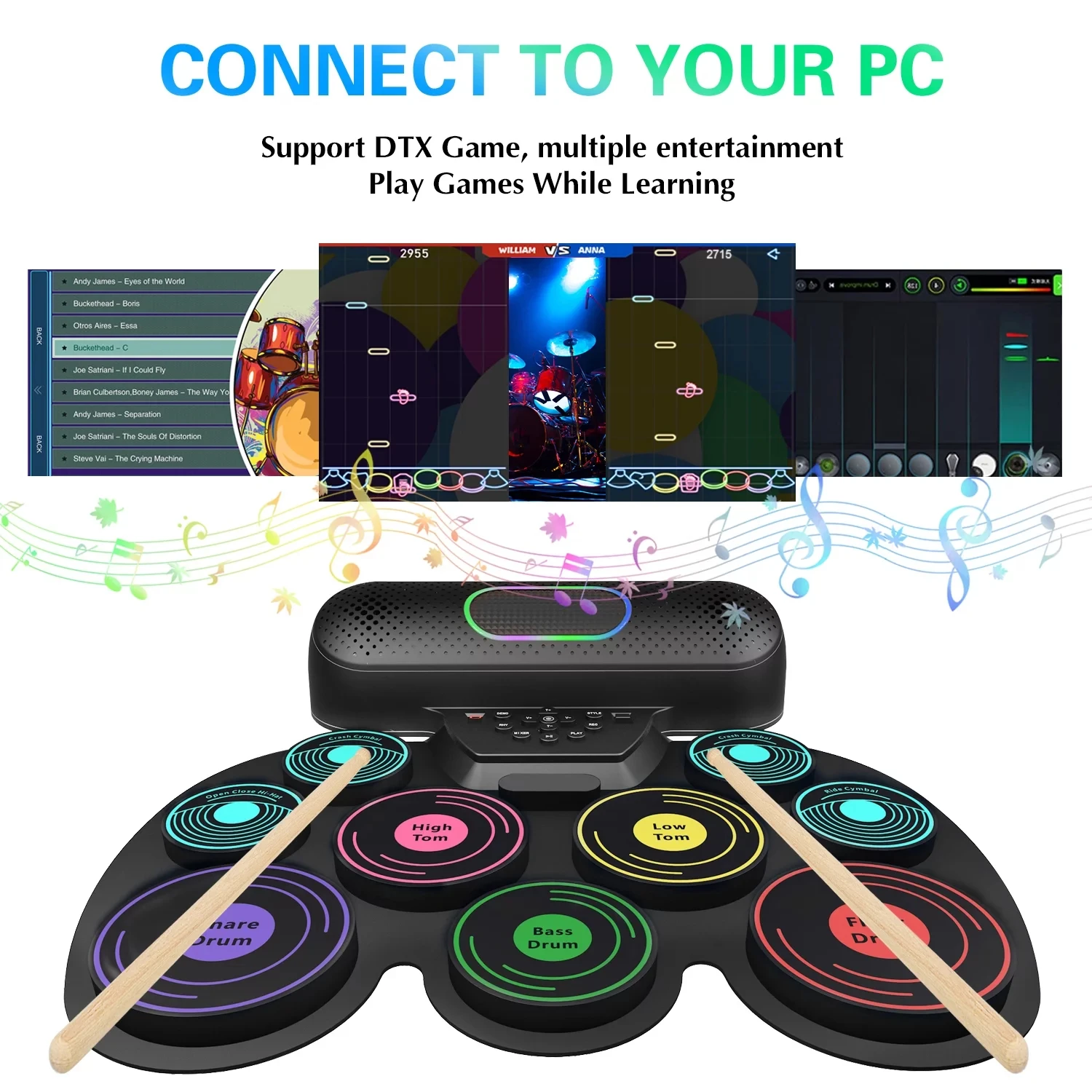 Electronic Drum Set for Kids Adults 9 Pads Portable MIDI Roll-up Drum Kit Dual Speakers/Headset Jack/Drumsticks/Foot Pedals