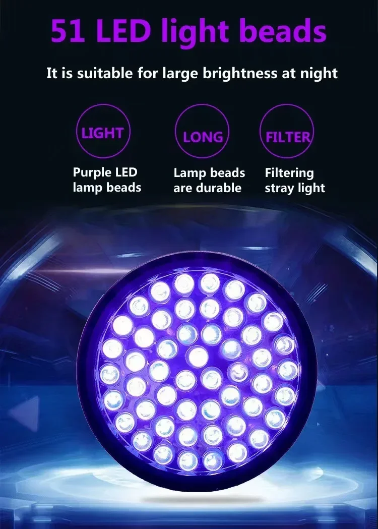 Description Picture 4 of item51 LED UV Ultraviolet Flashlight Blacklight 395NM Mini Torch Flash Lamp For Pet Urine Stains Portable Black Light Flashlights