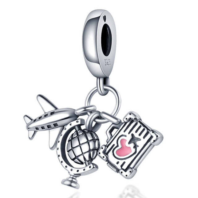 SALE 925 Silver Color Little Girl With Airplane Earth Charm Beads Fit Original Pandora Bracelet Pendant Necklace Jewelry