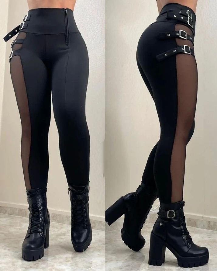 pant women fashion 2022 new Mesh Patch Buckled High Waist casual Pants sexy Skinny Daily women's bottom new fashion men s needle buckled leather belt casual cowhide trend men s belt simple waist belt for young and middle aged people