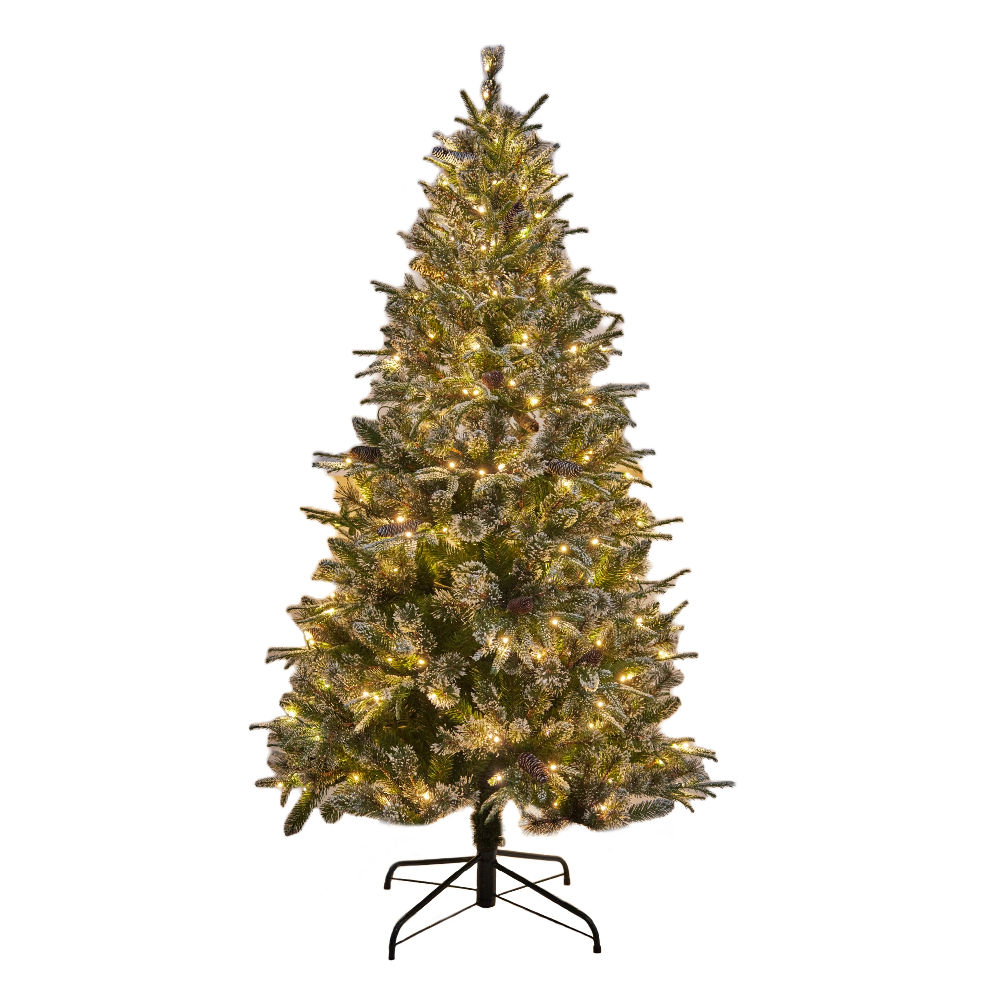 

6ft Pre-Lit Pre-Decorated Spruce Hinged Artificial Blended PE/PVC Christmas Tree w/ 1273 Tips, 29 Pinecones, 240 Lights, Metal B