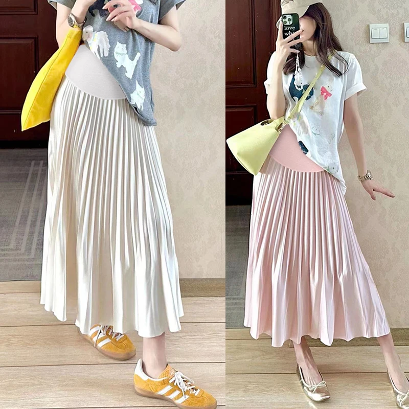 Korean Style Pregnant Woman Pleated Skirt Solid Color High Waist Long Loose Maternity Belly Skirts Pregnancy Satin Pleated Skirt