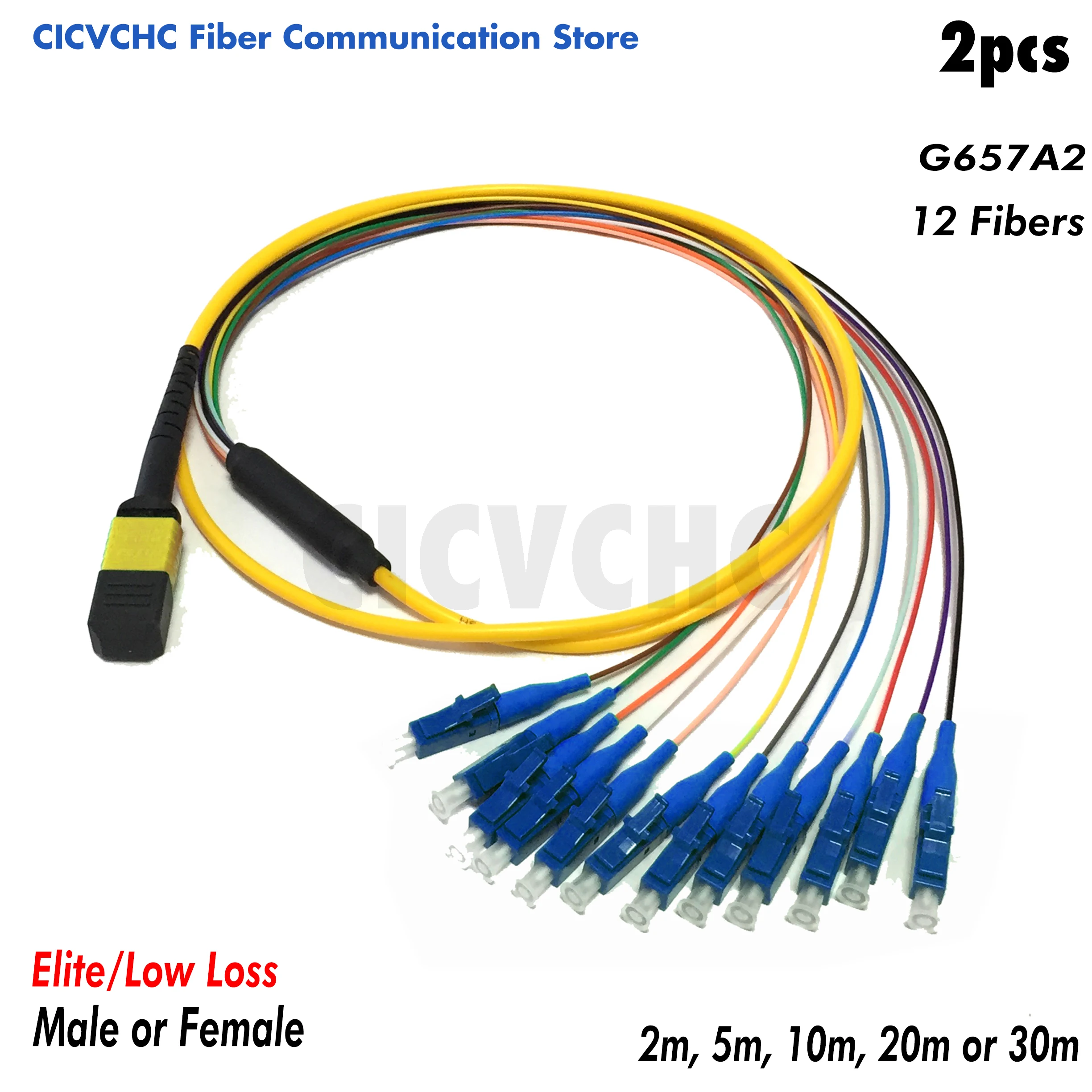 2pcs 12 fibers-MPO/APC Fanout LC/UPC -G657A2-Elite/Low loss-Male/Female with 0.9mm-2m to 30m/MPO Assembly