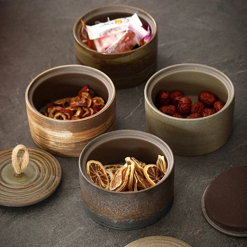 

Japanese Style Tea Jars Rough Pottery Handmade Ceramic Awakening Tea Jars Retro Floral Tea Moisture-proof Sealed Storage Jars
