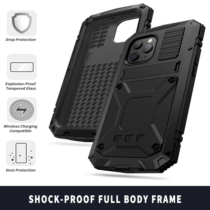 Full-Body Rugged Armor Shockproof Protective Case for iPhone 14 Plus 13 12 11 Pro Max Mini Kickstand Aluminum Metal Glass Cover